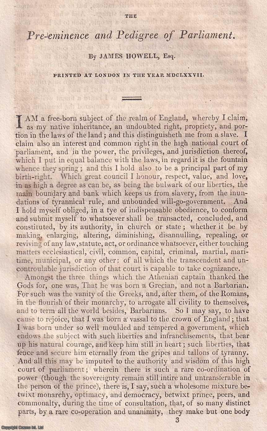 JAMES HOWELL - 1677 : The Pre-eminence and Pedigree of Parliament. An original small format article from the Harleian Miscellany, 1808.