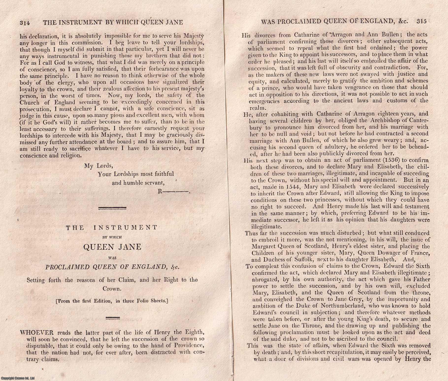 LADY JANE GREY 1553 - The Instrument by Which Queen Jane was Proclaimed Queen of England, Setting forth the reasons of her Claim, and her Right to the Crown. An original small format article from the Harleian Miscellany, 1808.