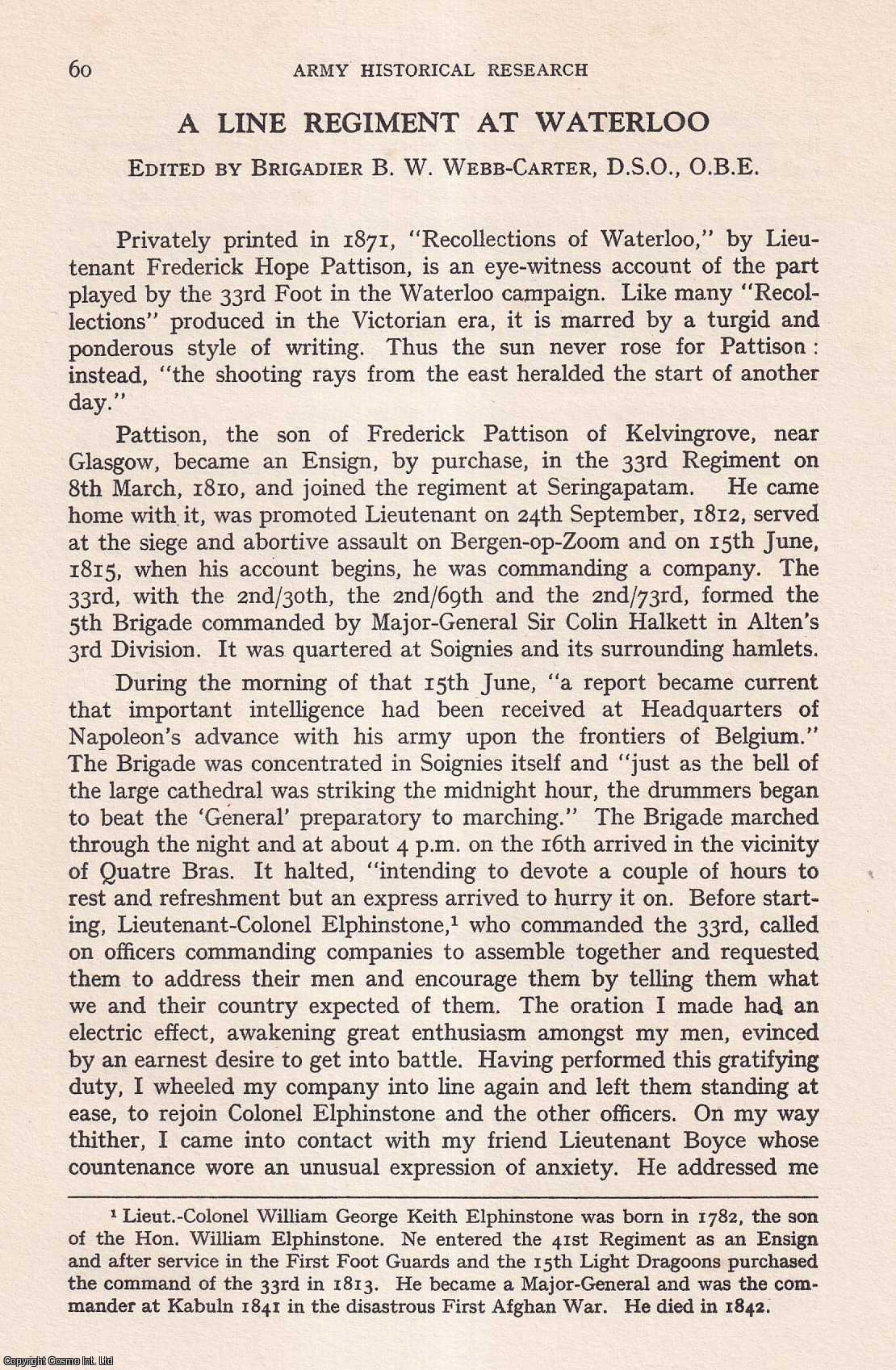 Brigadier B.W. Webb-Carter - A Line Regiment at Waterloo. An original article from the Journal of the Society for Army Historical Research, 1965.