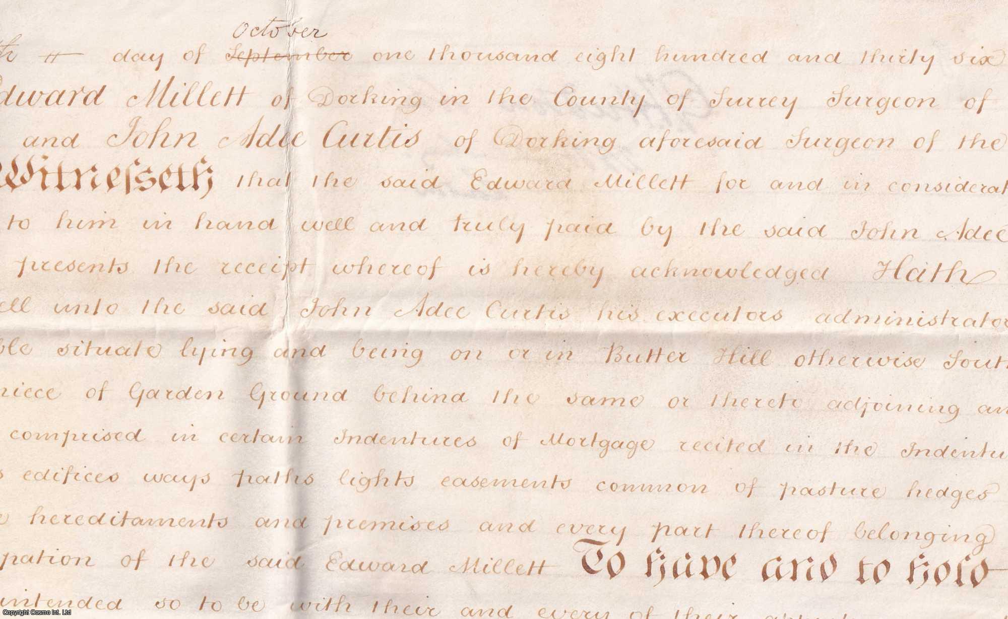 1836 Lease Dorking, Surrey - Lease for a year of property in Butter Hill, Dorking; from Edward Millett, Surgeon to John Adee Curtis, Surgeon in 1836. Single page (25.5 x 18 inches) parchment Indenture, handwritten, with signature, seal and stamp.