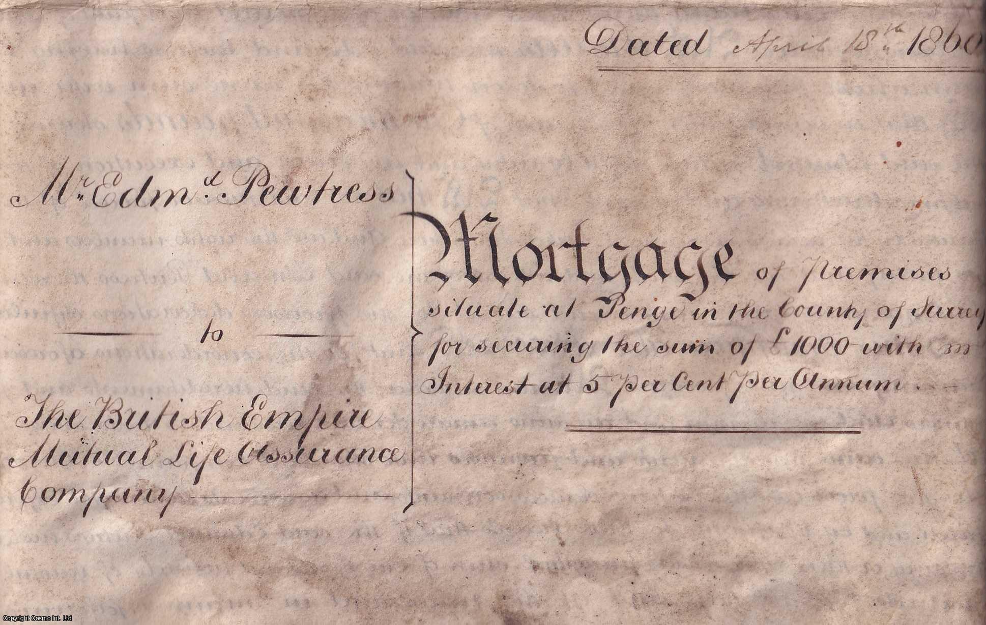 1860 Mortgage, Penge - Mortgage of Land and Hereditaments in Penge to Edmund Pewtress of Ave Maria Lane, City of London, Publisher. Three parchment sheets (27.5 x 22 inches), handwritten with signature, seal and stamps. Some staining and a 5 x 6 inch piece cut from one sheet.