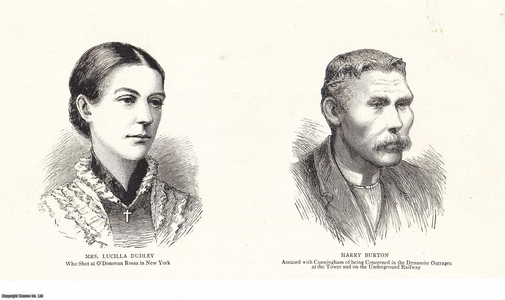 Fenian Dynamite Outrages, London - Vignettes of Mrs Lucilla Dudley (O'Donovan Rossa's Assailant) and Harry Burton, Accused of Dynamite Outrages on the Tower of London. An original print from the Graphic Illustrated Weekly Magazine, 1885.