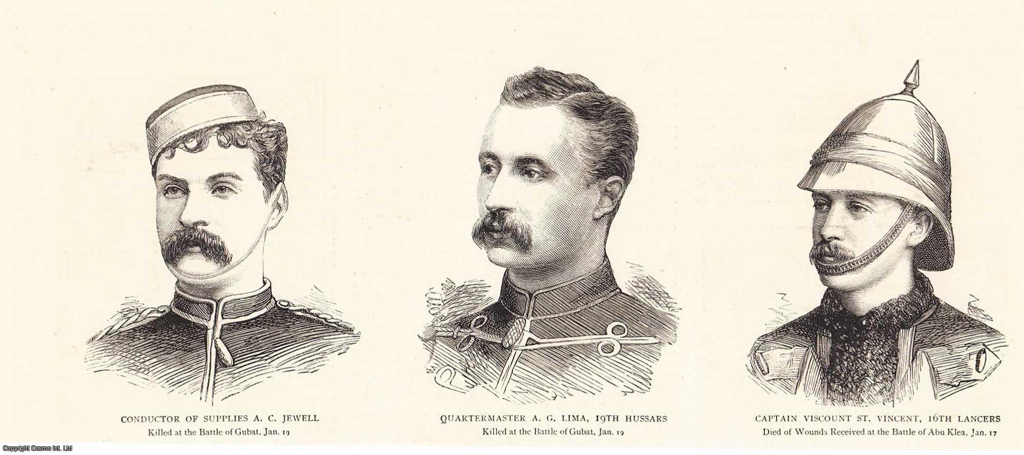 Battle of Gubat - A.C. Jewell, Conductor of Supplies and Quartermaster A.G. Lima, 19th Hussars, both killed at the Battle of Gubat. Also Captain Viscount St. Vincent, 16th Lancers, died of wounds received at the Battle of Abu Klea. An original print from the Graphic Illustrated Weekly Magazine, 1885.
