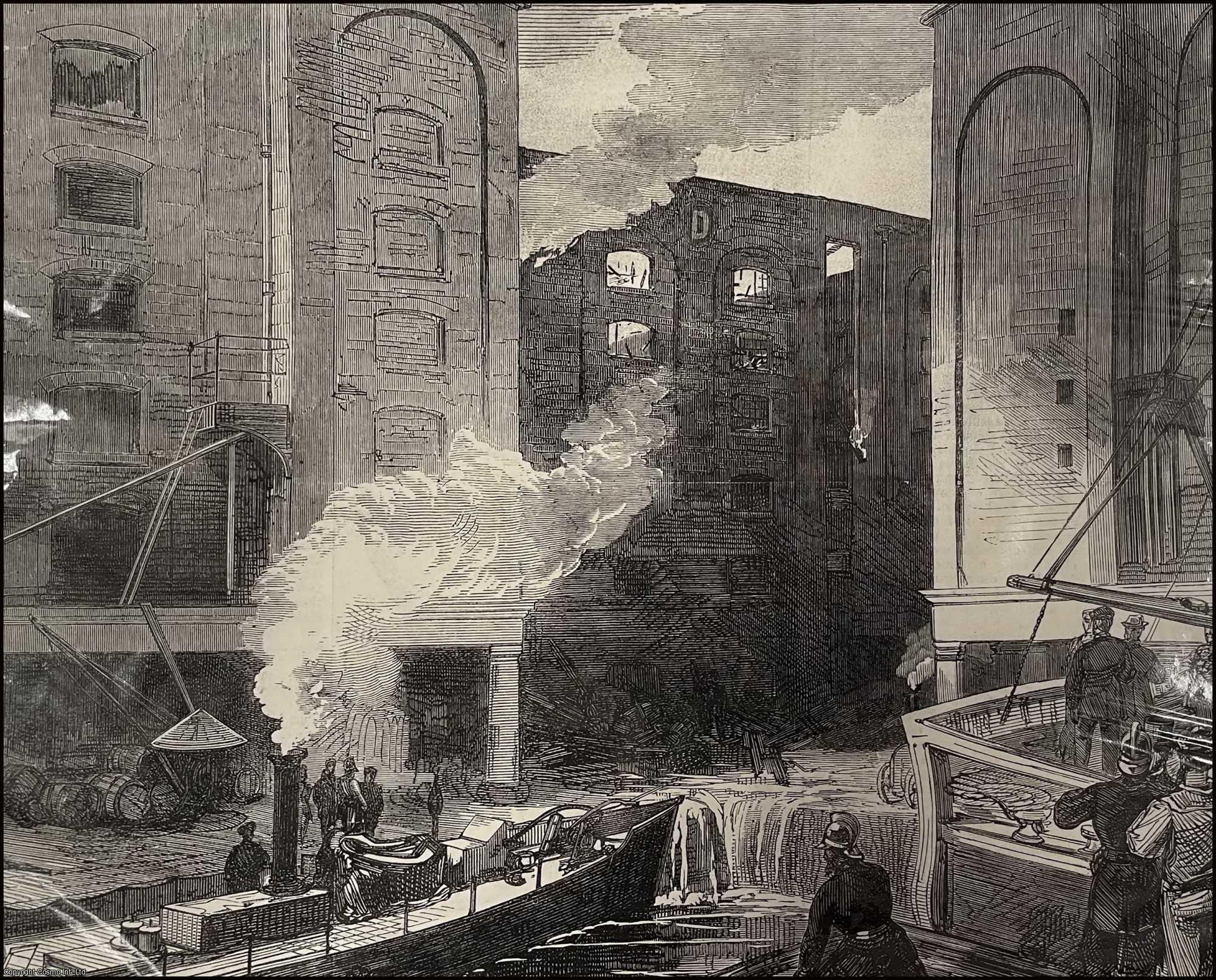 FIRE - Scene of the Great Fire at the St. Katherine Docks. An original print from the Illustrated London News, 1866.