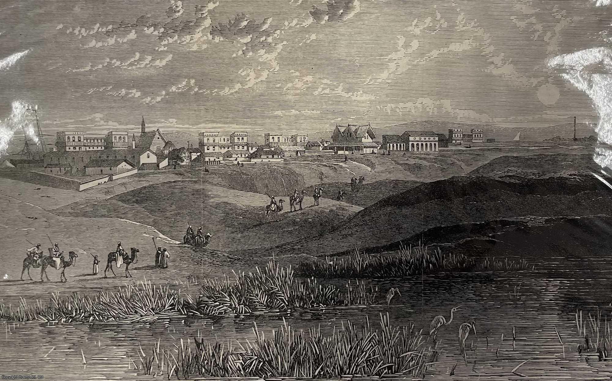 SUEZ CANAL - Ismaila on the Suez Canal. An original print from the Illustrated London News, 1866.
