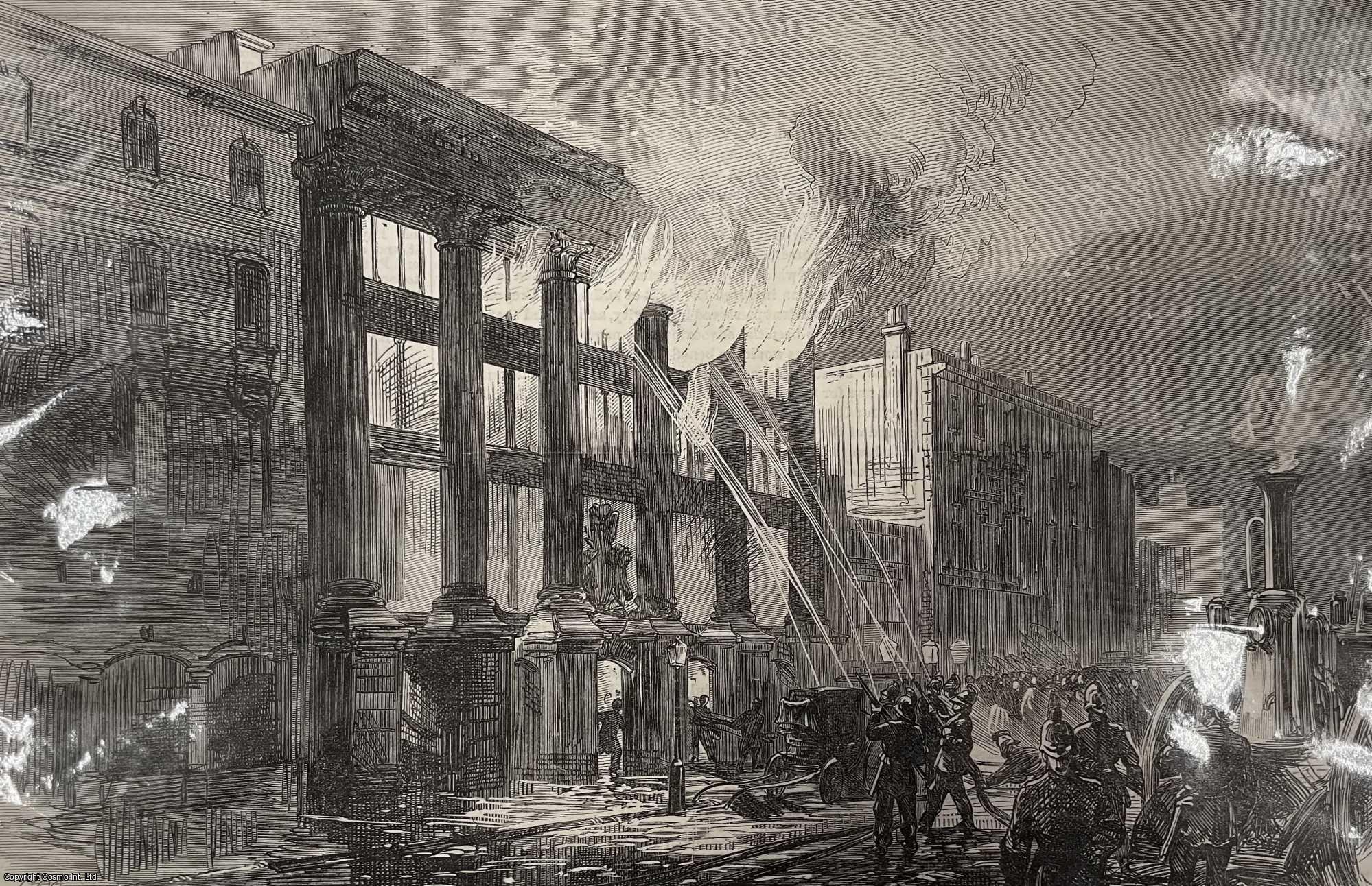 LONDON - Fire in Oxford Street, London. An original print from the Illustrated London News, 1866.