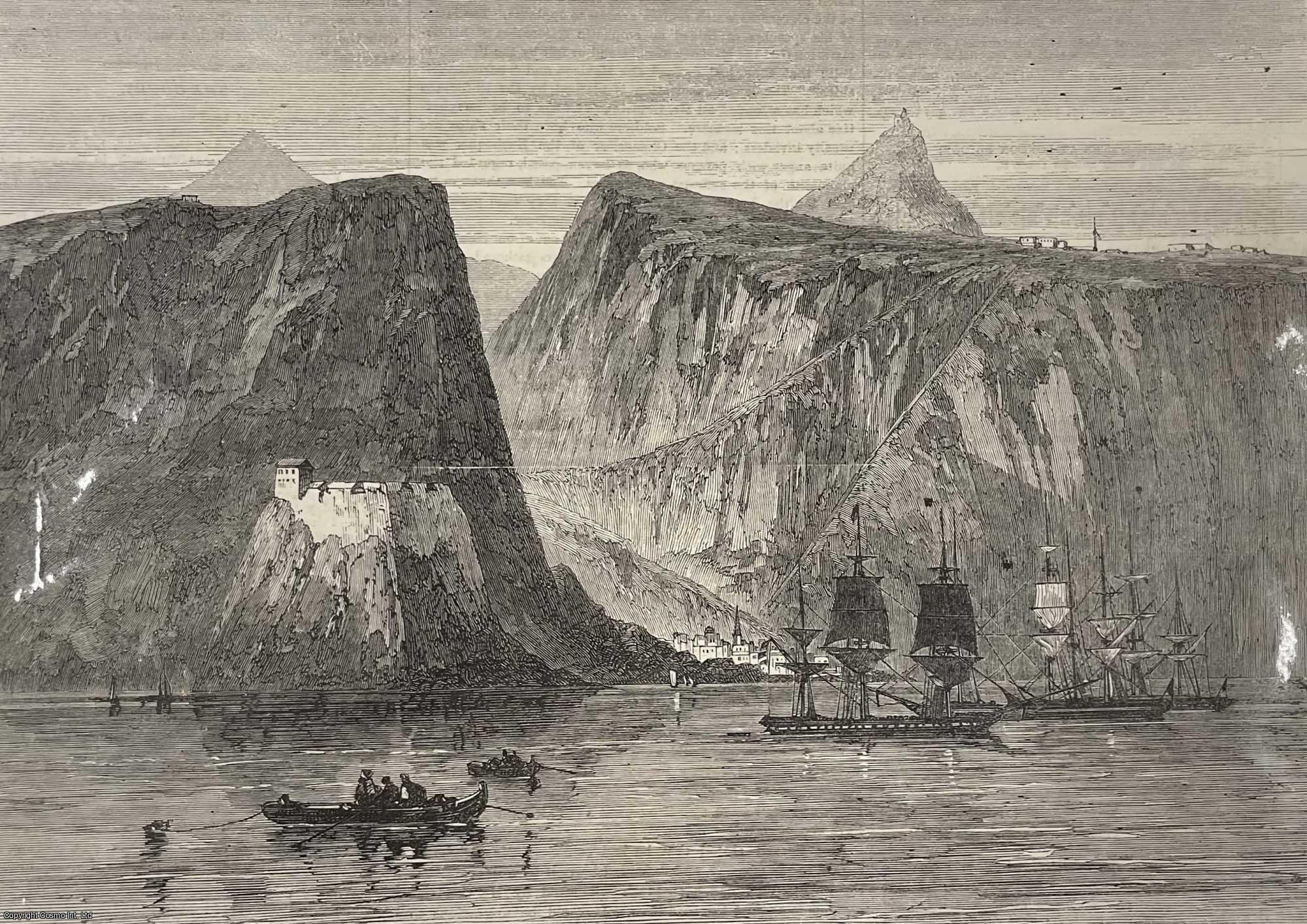 ST. HELENA - St. Helena, with Troop-Ships at Anchor. An original print from the Illustrated London News, 1866.