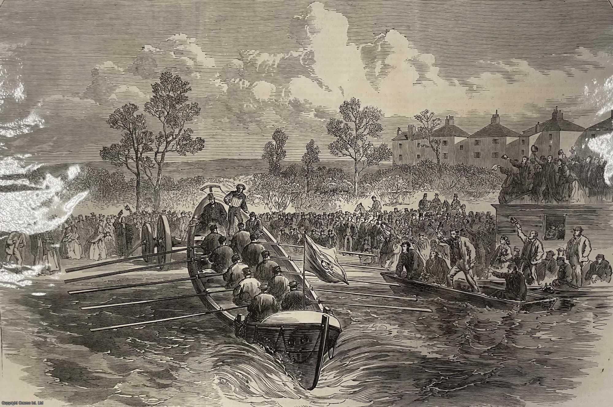 LIFEBOATS - Launch of the 'Isis' Lifeboat at Oxford. An original print from the Illustrated London News, 1866.