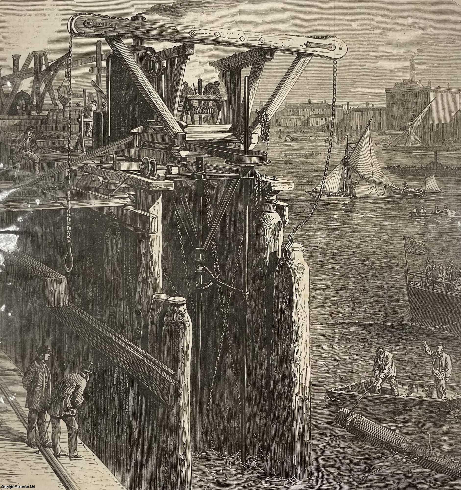 THAMES EMBANKMENT - Progress of the Thames Embankment; Cutting the Piles which Form the Cofferdam. An original print from the Illustrated London News, 1866.
