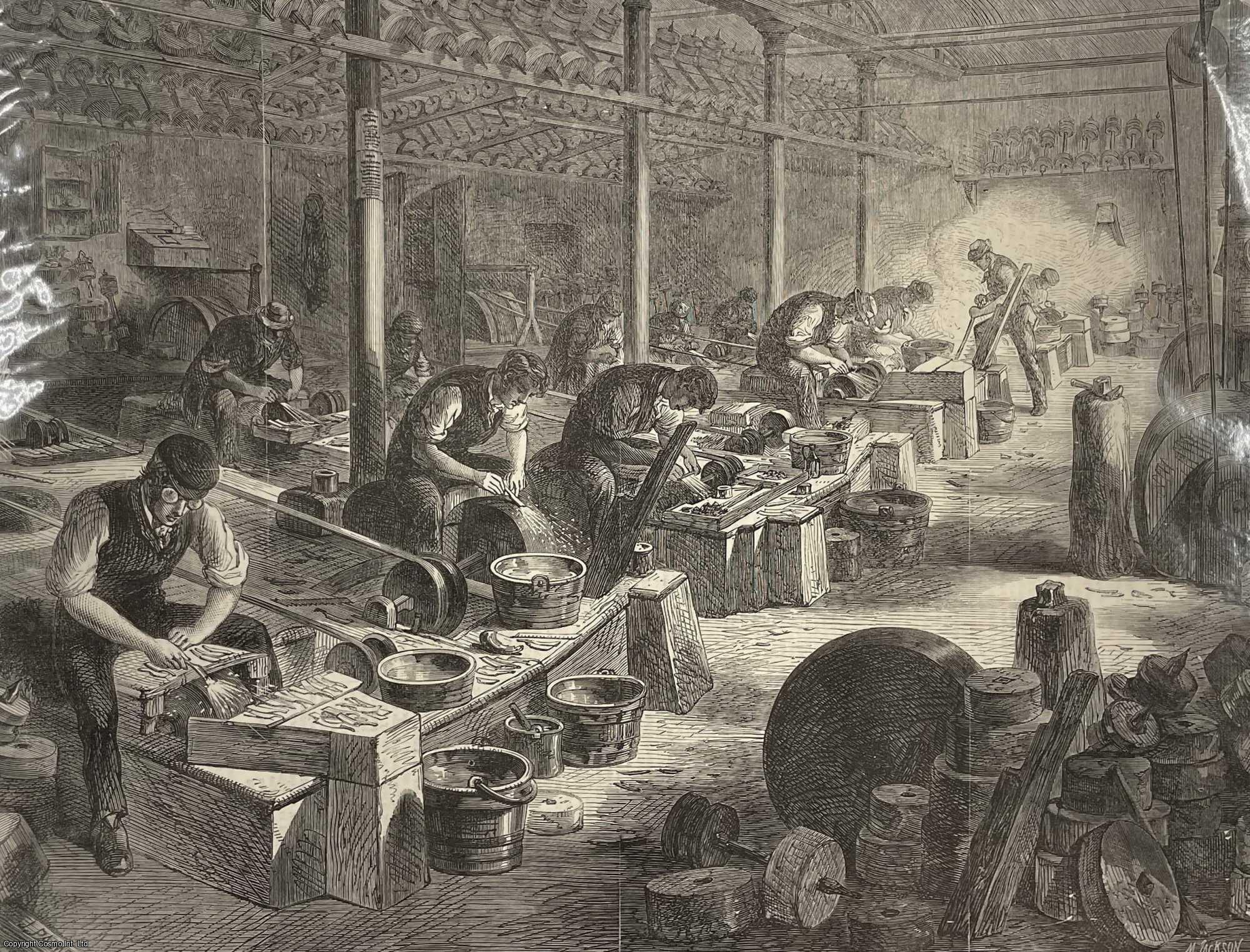 MANUFACTURING - The Steel Manufacturers of Sheffield: the 'Hull', or Workshop, of the Razor-Grinder, with the Use of the Fan. An original print from the Illustrated London News, 1866.