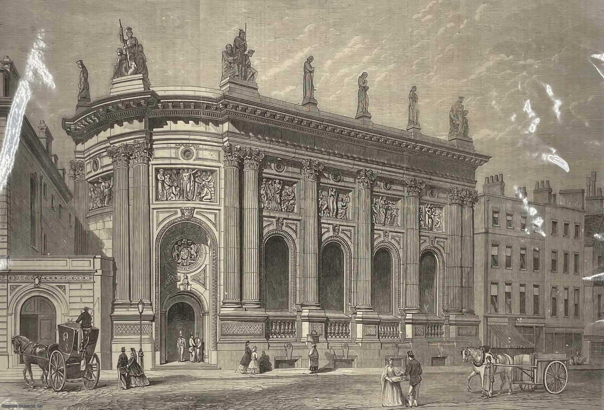 BANKING - The National and Provincial Bank of England, at the Corner of Threadneedle Street and Bishopsgate Street. An original print from the Illustrated London News, 1866.