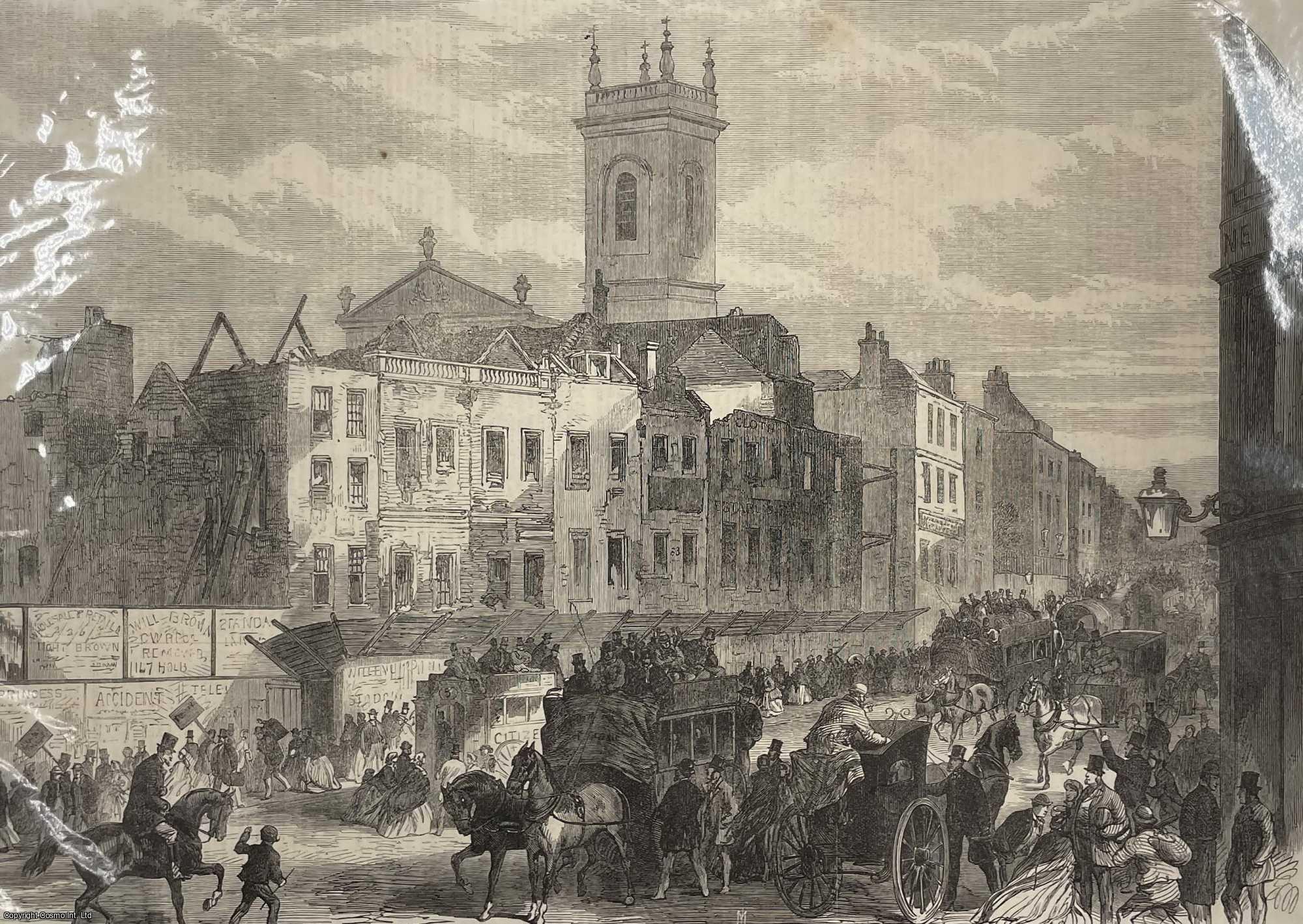 LONDON - Preparing for the Holborn Valley Improvement; Demolition of Houses on Holborn Hill. An original print from the Illustrated London News, 1866.