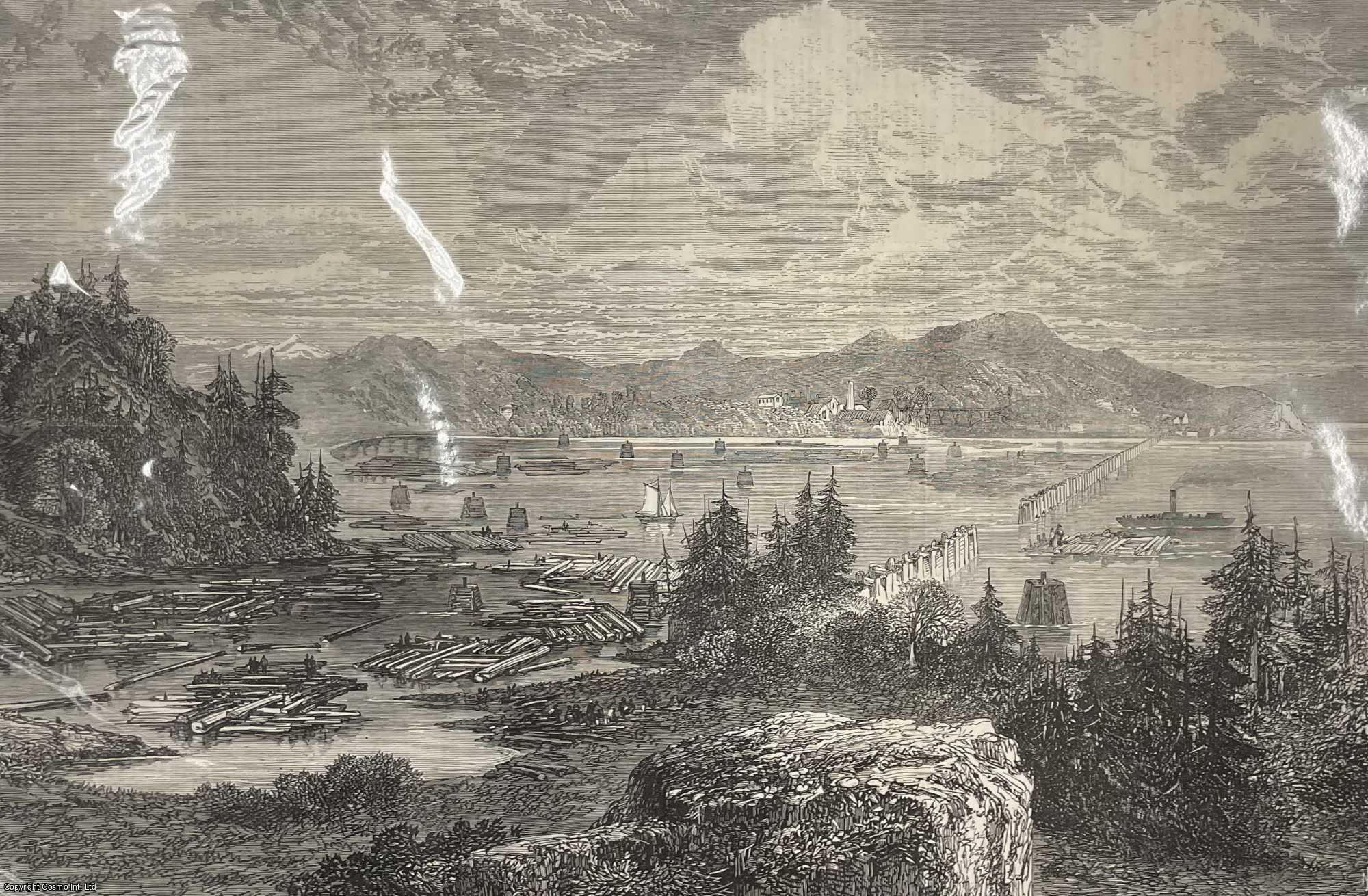 CANADA - Timber-Booms on the St. John River, New Brunswick. An original print from the Illustrated London News, 1866.
