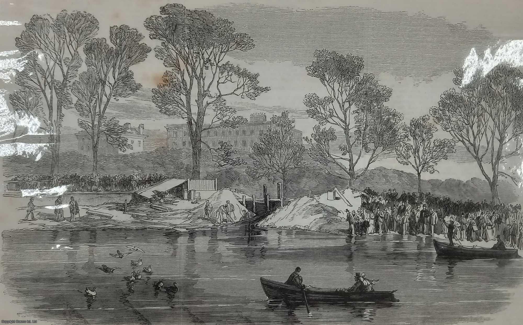 LONDON - Draining the Serpentine, Hyde Park. An original print, with accompanying article, from the Illustrated London News, 1869.