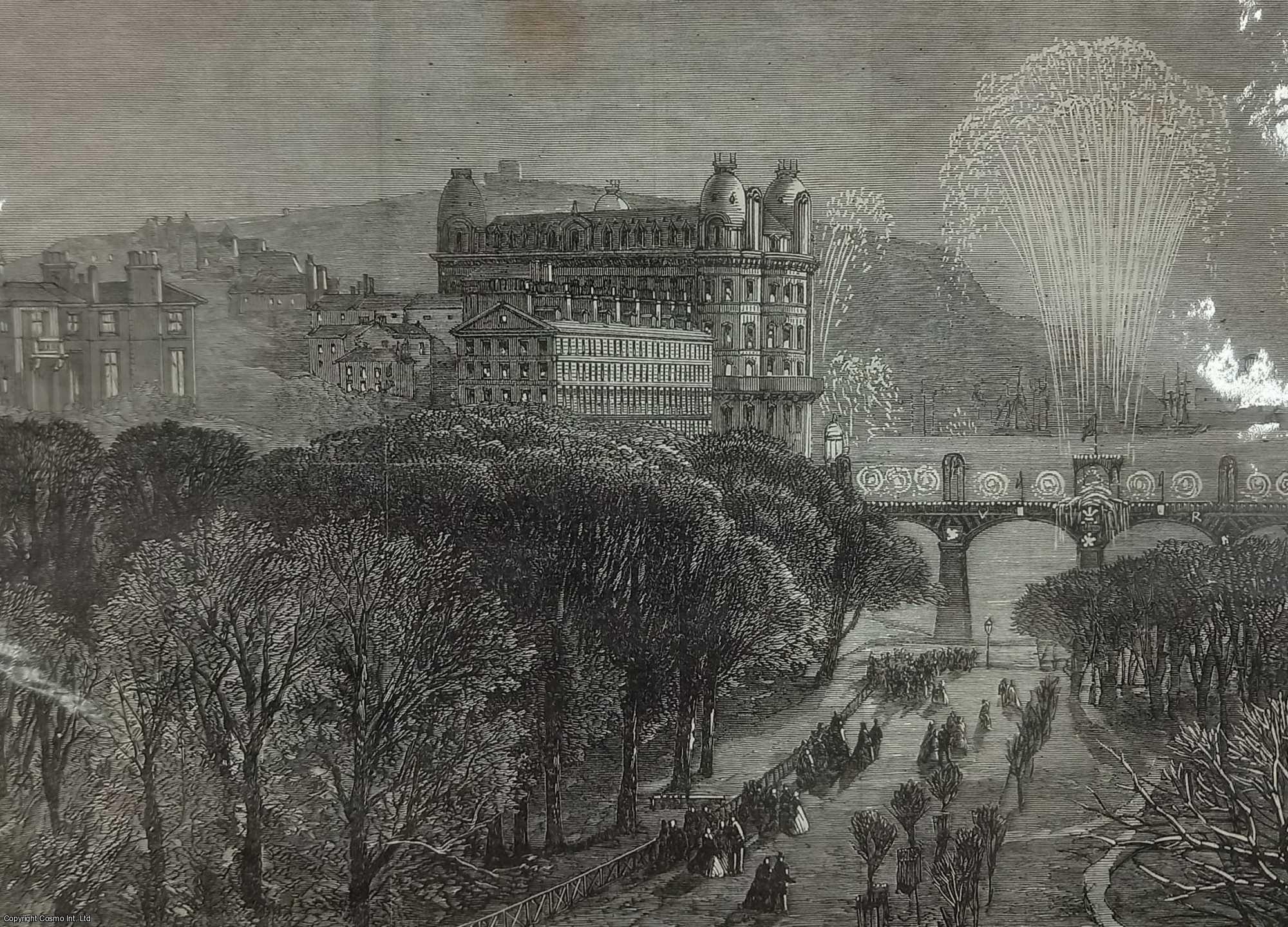 FIREWORKS - The Prince of Wales at Scarborough; Festive Display of Fireworks. An original print from the Illustrated London News, 1869.