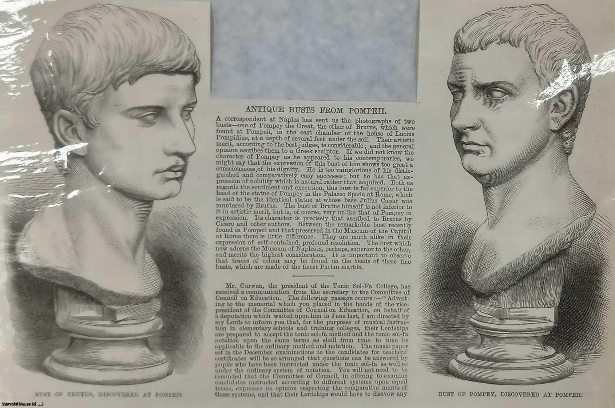 POMPEI - Antique Busts of Brutus and Pompey Discovered at Pompei. Original prints and short article from the Illustrated London News, 1869.