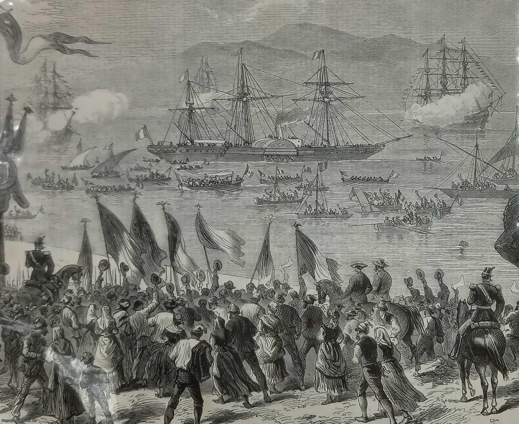 CORSICA - Landing at Ajaccio : Visit of the Empress of the French and Prince Imperial to Corsica. An original print from the Illustrated London News, 1869. original print from the Illustrated London News, 1869.