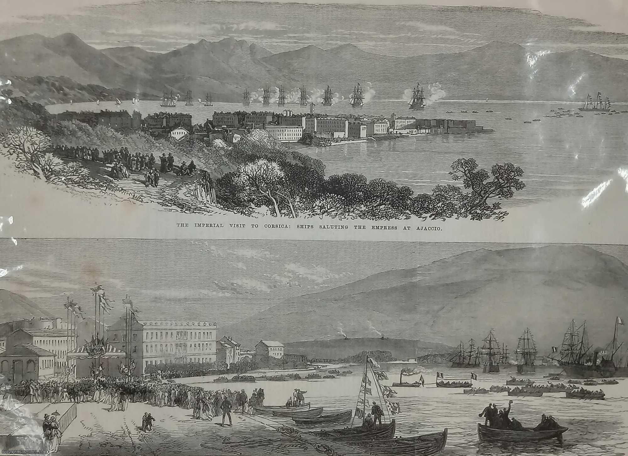 CORSICA - Ajaccio, Corsica: Ships Saluting the Empress and the Squadron in the Harbour. Two original prints from the Illustrated London News, 1869.