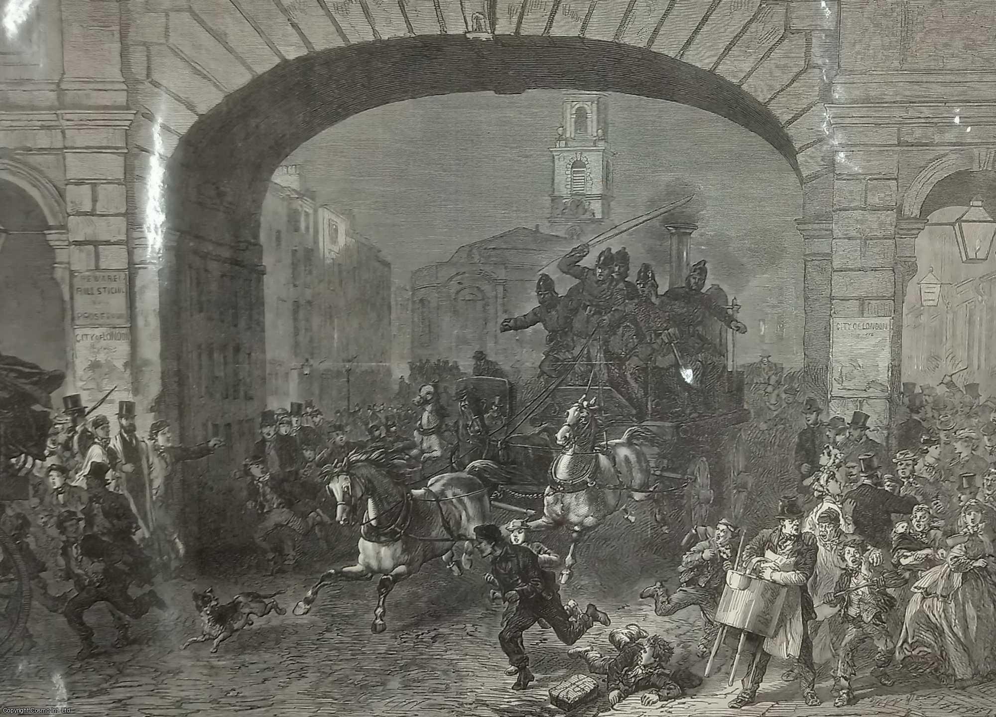 FIREMEN - Fire! The London Metropolitan Fire Brigade Race to the Rescue. An original print from the Illustrated London News, 1869.