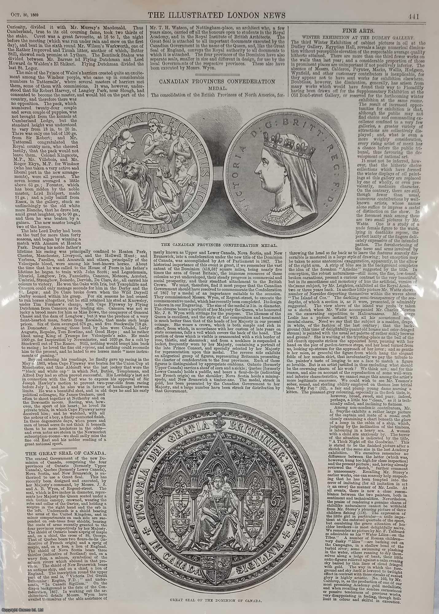 CANADA - The Canadian Provinces Confederation Medal and the Great Seal of Canada. Two original prints from the Illustrated London News, 1869.