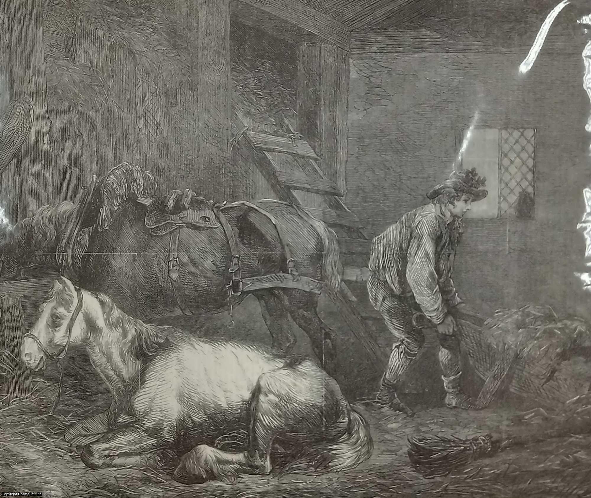 FROM A PAINTING BY GEORGE MORLAND - Horses in a Stable' by George Morland. An original print from the Illustrated London News, 1869.