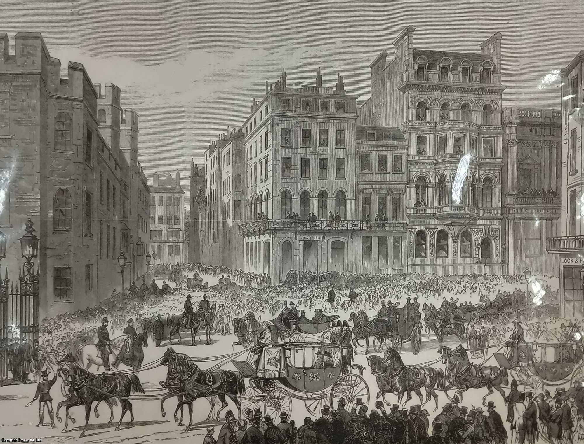 LONDON - Presentation of Address to the King of the Belgians: The City Procession in Pall Mall. An original print from the Illustrated London News, 1869.