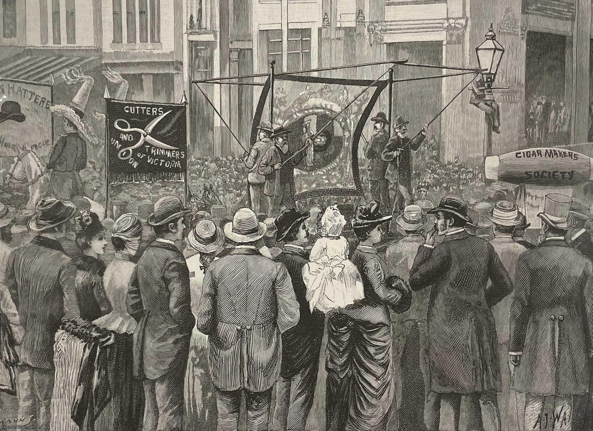 AUSTRALIA - Eight-Hours Movement Procession in Melbourne, Australia. An original print from the Illustrated London News, 1889.
