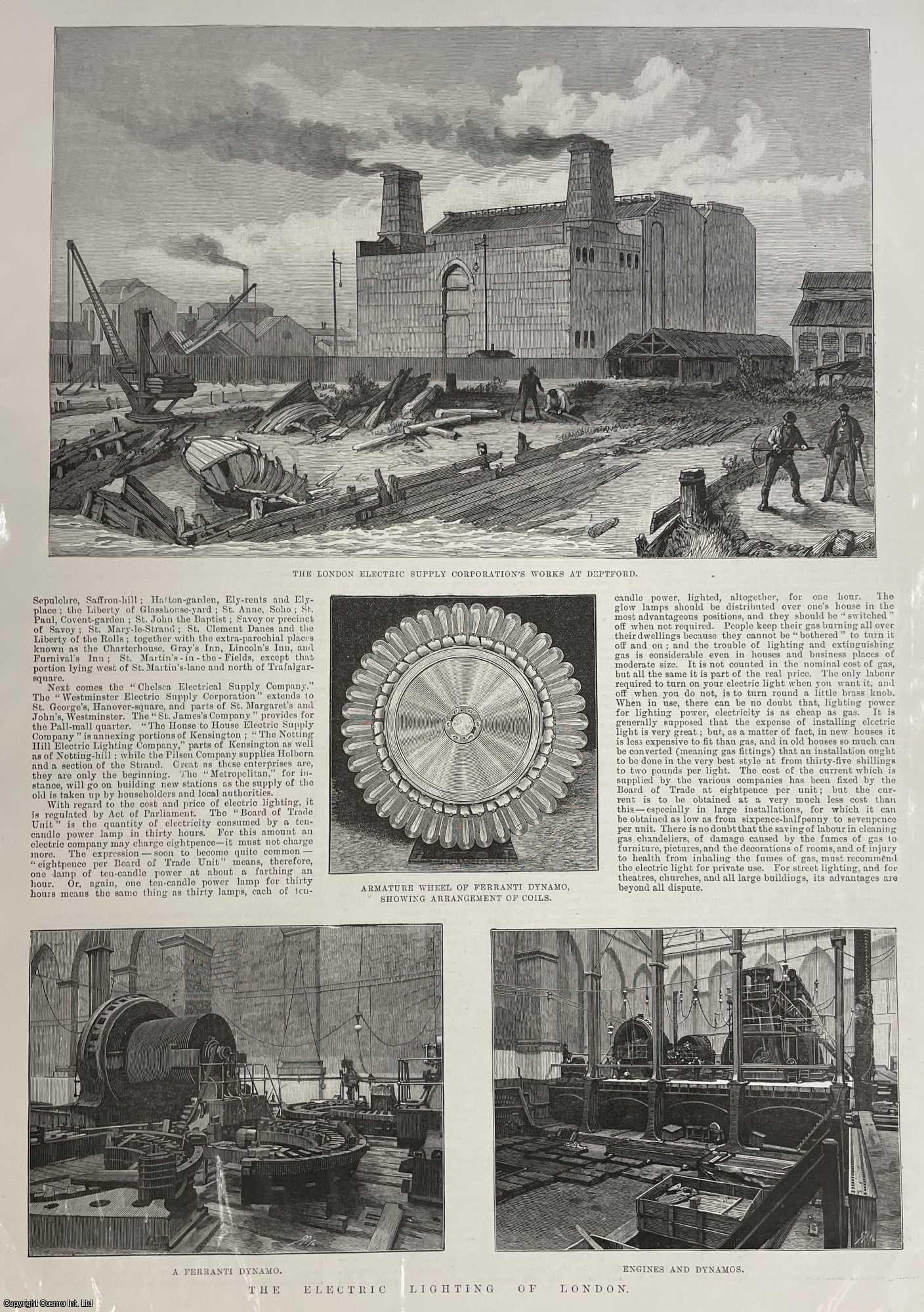 ELECTRICITY - The Electric Lighting of London; The London Electric Supply Corporation's Works at Deptford, A Ferranti Dynamo etc. An original print from the Illustrated London News, 1889.