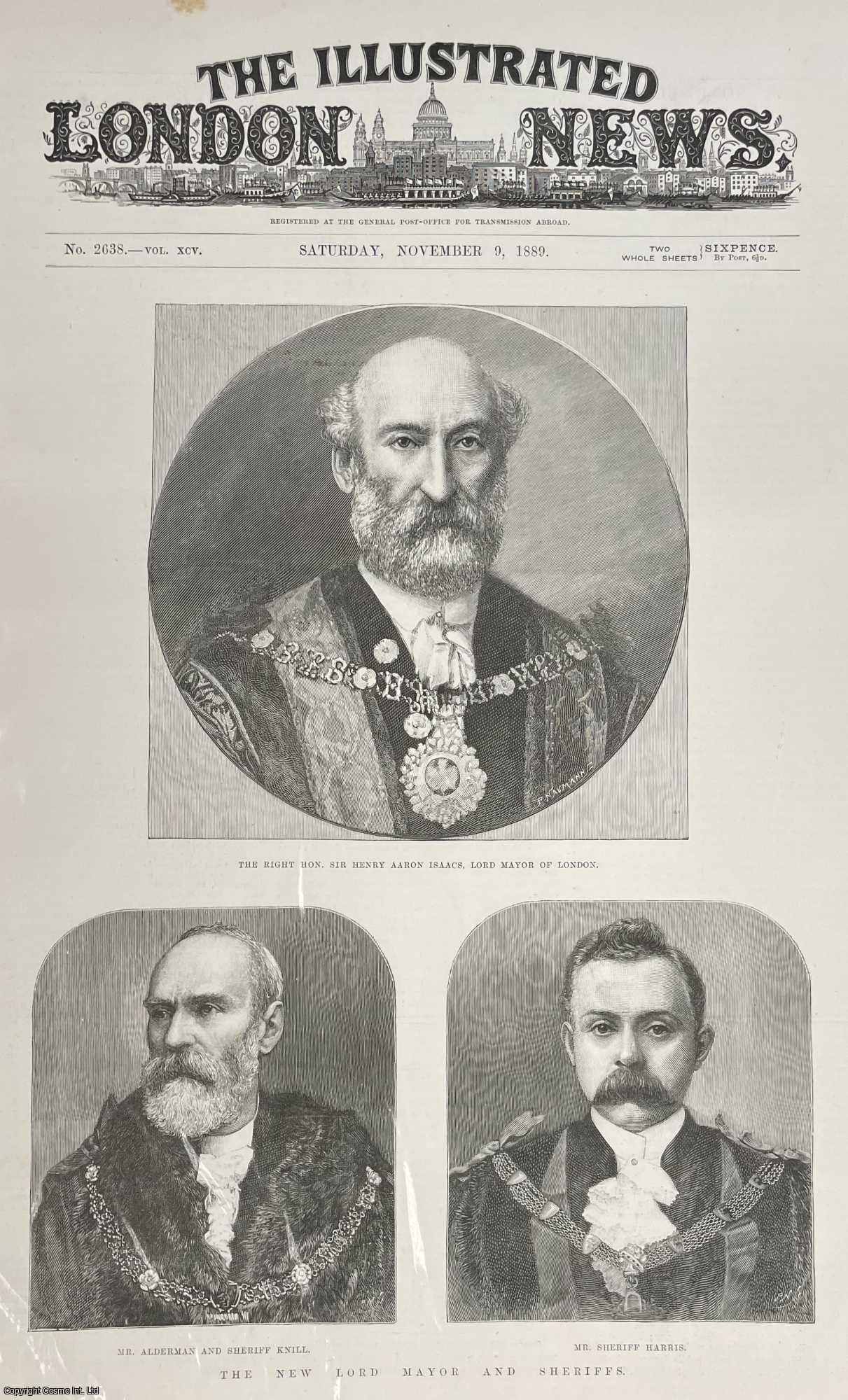 PORTRAIT - The New Lord Mayor and Sherriffs of London; Sir Henry Aaron Isaacs, Mr Knill and Mr Harris. An original print and article from the Illustrated London News, 1889.