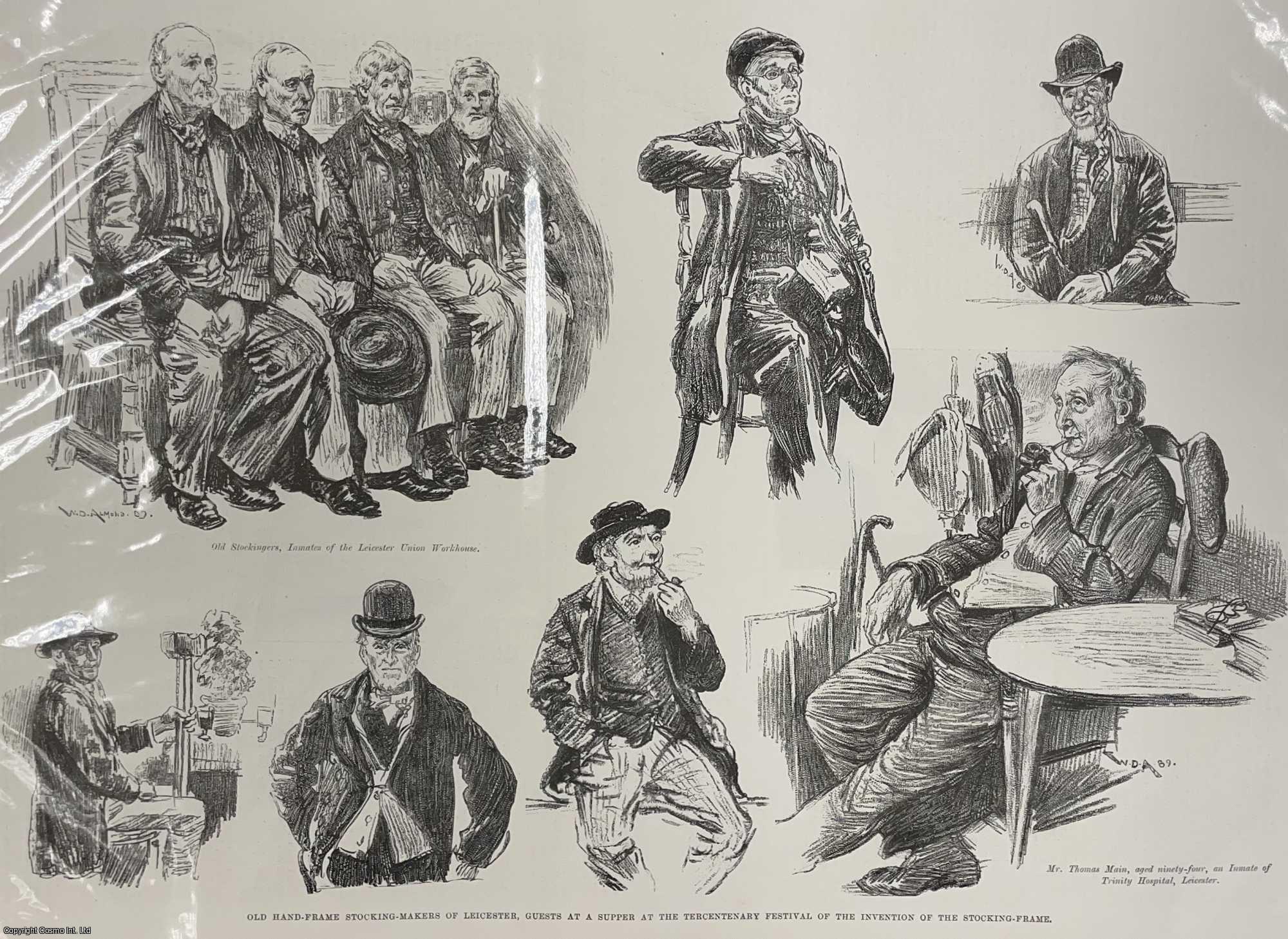 HOSIERY - Old Hand-Frame Stocking-Makers of Leicester; Old Stockingers, Inmates of the Leicester Union Workhouse. An original print of vignettes and article from the Illustrated London News, 1889.