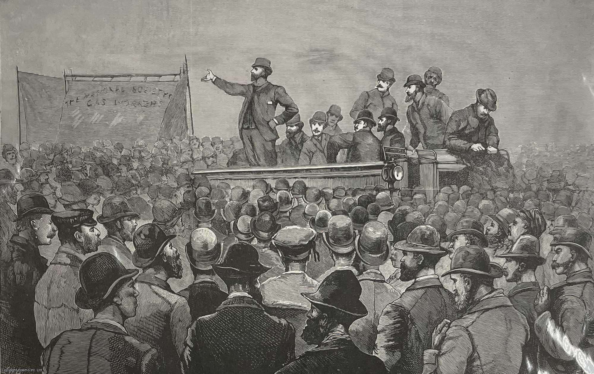 TRADE UNIONS - Gas Workers' Meeting at Peckham Rye, Sunday Dec 8th, 1889. An original print and article from the Illustrated London News, 1889.