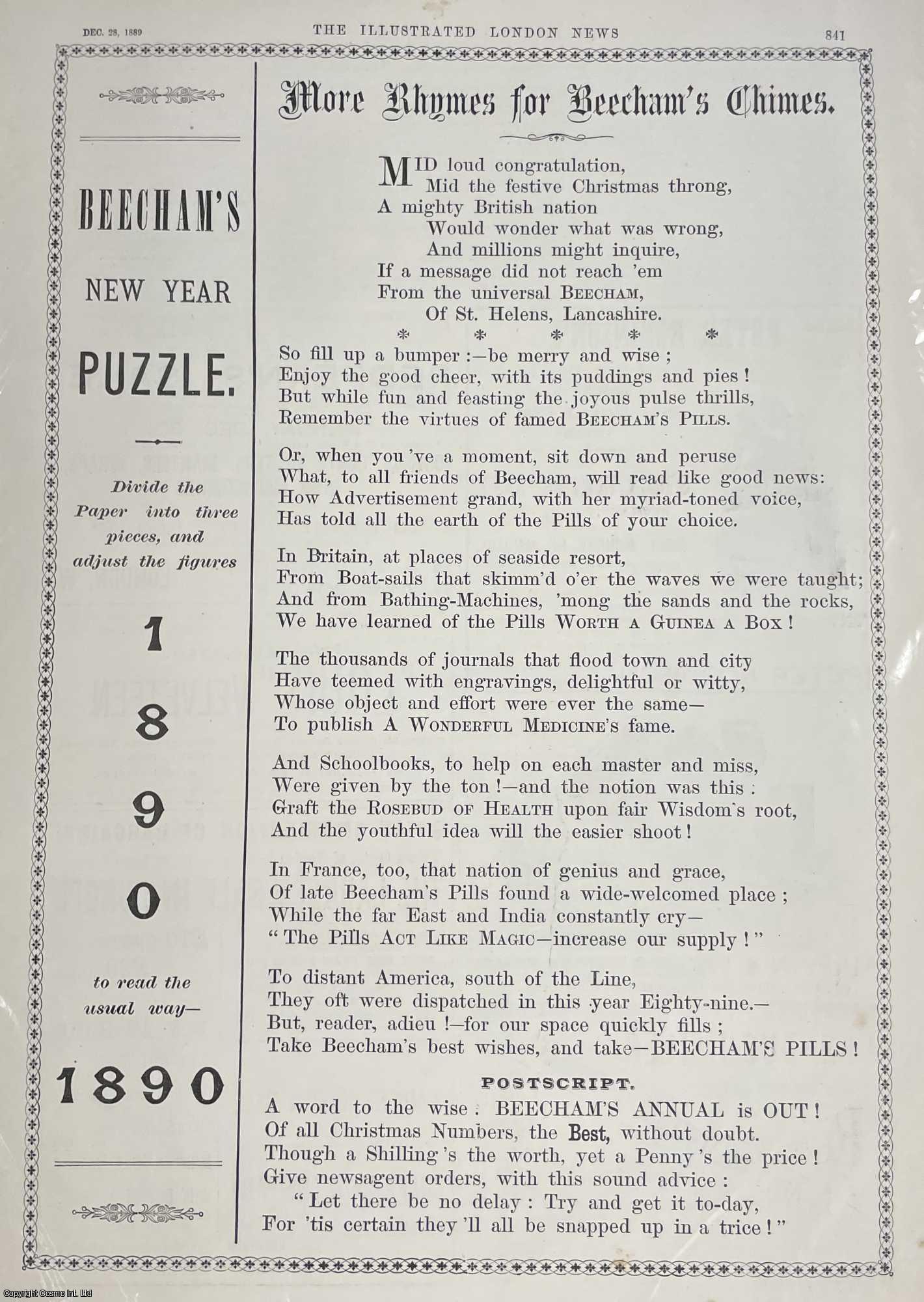 ADVERTISING - More Rhymes for Beecham's Chimes', Christmas Advertisement for Beecham's Pills. An original print from the Illustrated London News, 1889.