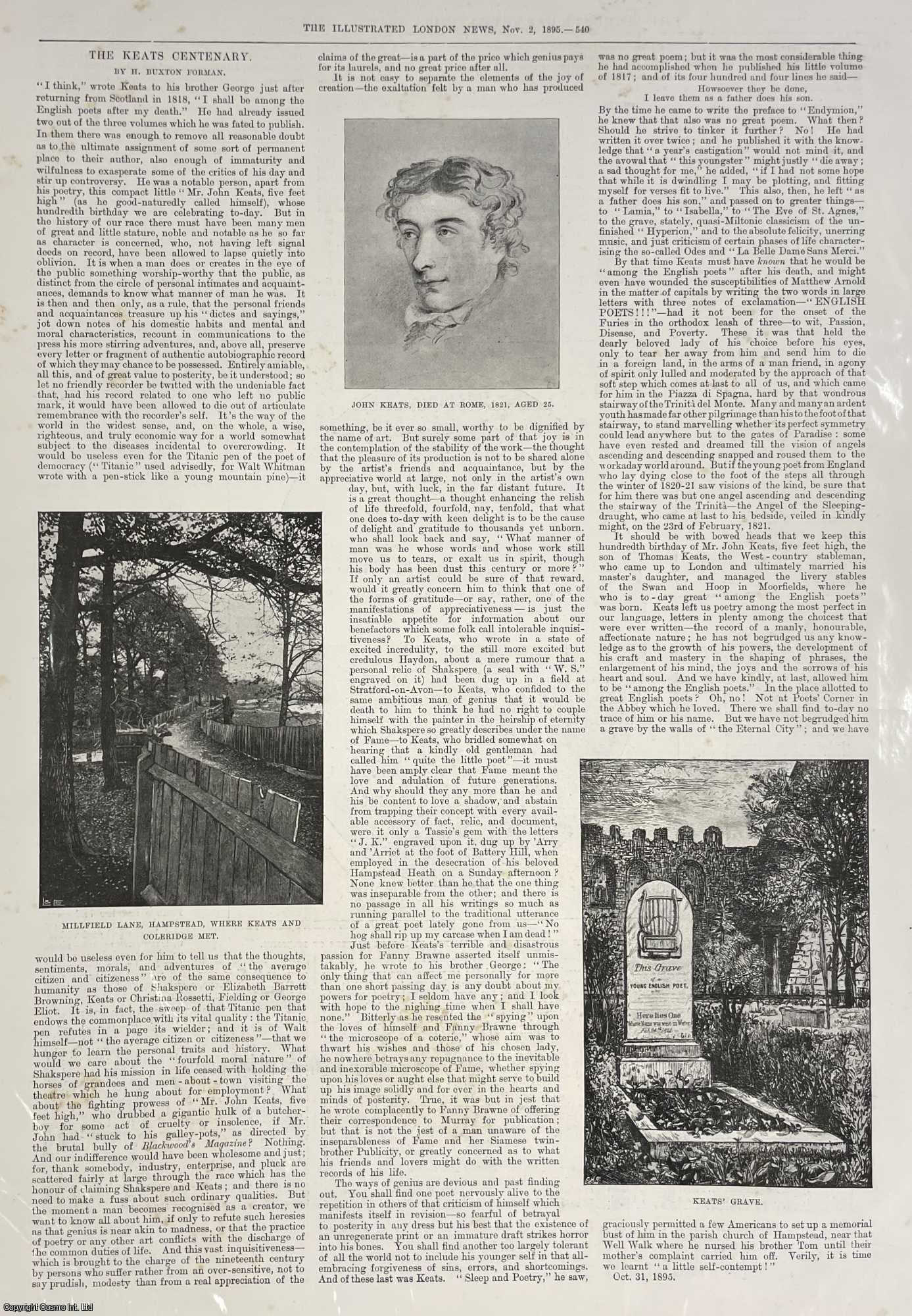 H. BUXTON FORMAN - The Keats Centenary. An original print from the Illustrated London News, 1895.