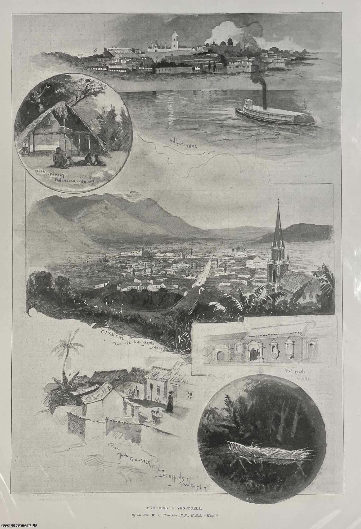 REV. W.C. BOUCHIER R.N. H.M.S. HOOD - Sketches in Venezuela, Poor Man's Quarter, Caracas, etc. An original print from the Illustrated London News, 1895.