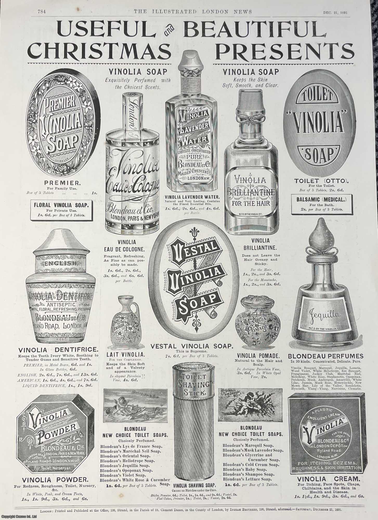 ADVERTISING - Vinolia Toiletries Advertisement. An original print from the Illustrated London News, 1895.