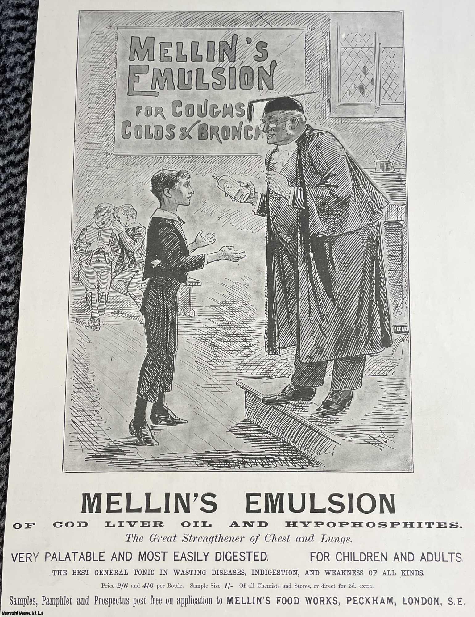 ADVERTISING - Mellin's Emulsion for Coughs, Colds and Bronchitis; the 'Great Stengthener of Chest and Lungs'. An original print from the Illustrated London News, 1895.