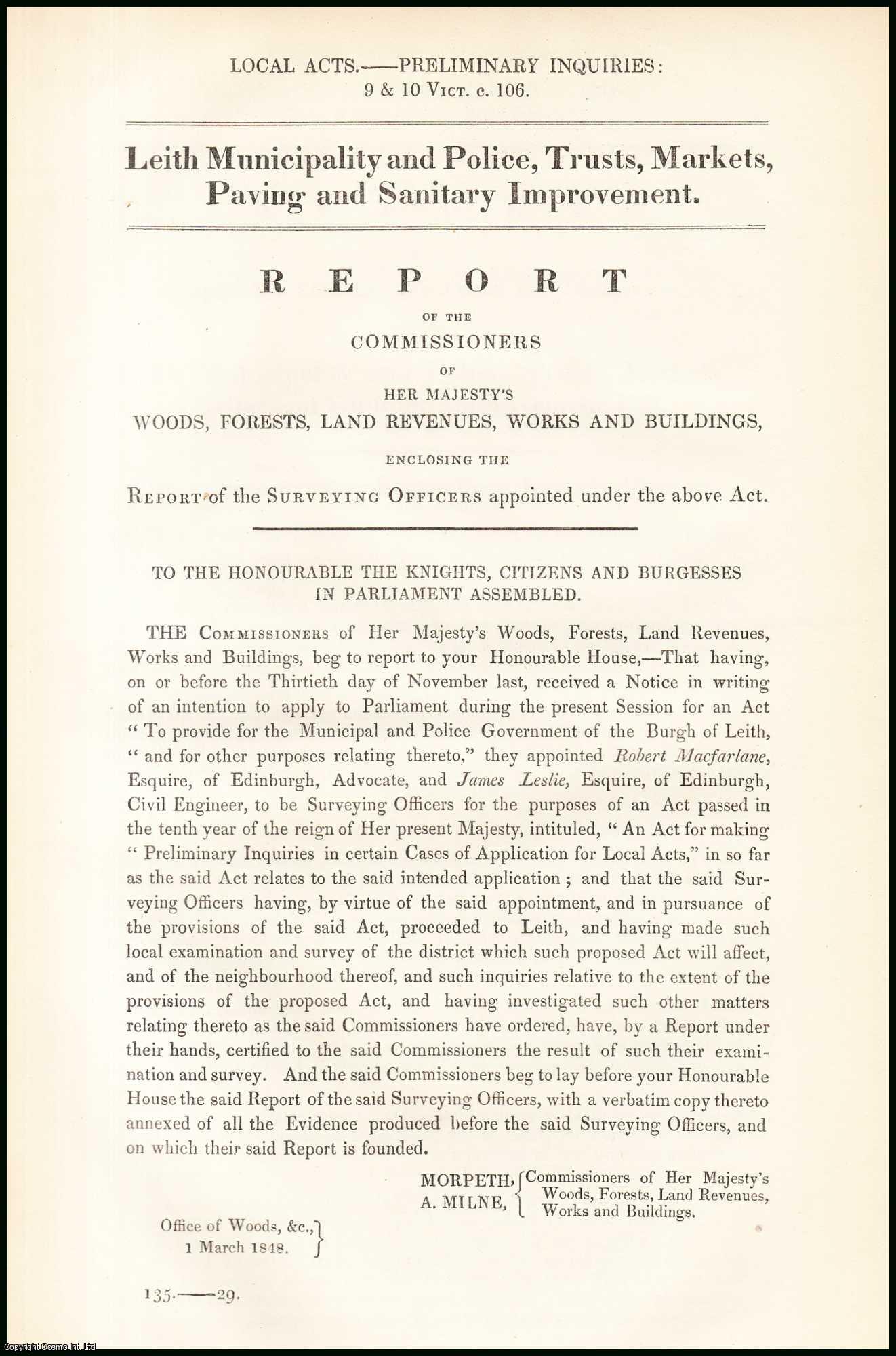 Robert and James Macfarlane and Leslie - [Blue Book Report]. Leith Municipality and Police, Trusts, Markets, Paving and Sanitary Improvement; Preliminary Inquiry, Report by the Surveying Officers. Published by HMSO 1848.