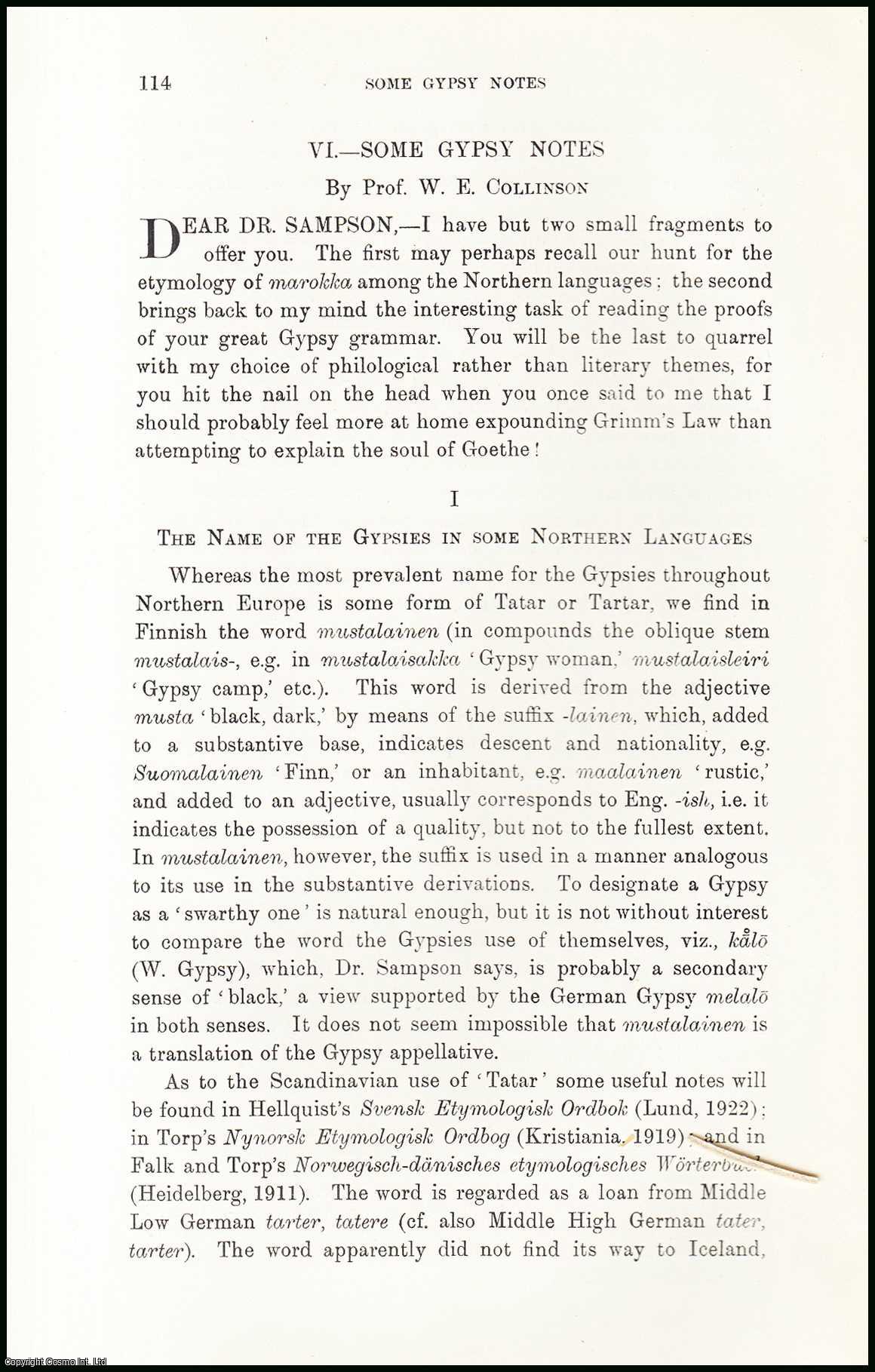 W.E. Collinson - The Name of the Gypsies in some Northern Languages and some Welsh Parallels to Welsh Gypsy. An uncommon original article from the Journal of the Gypsy Lore Society, 1928.
