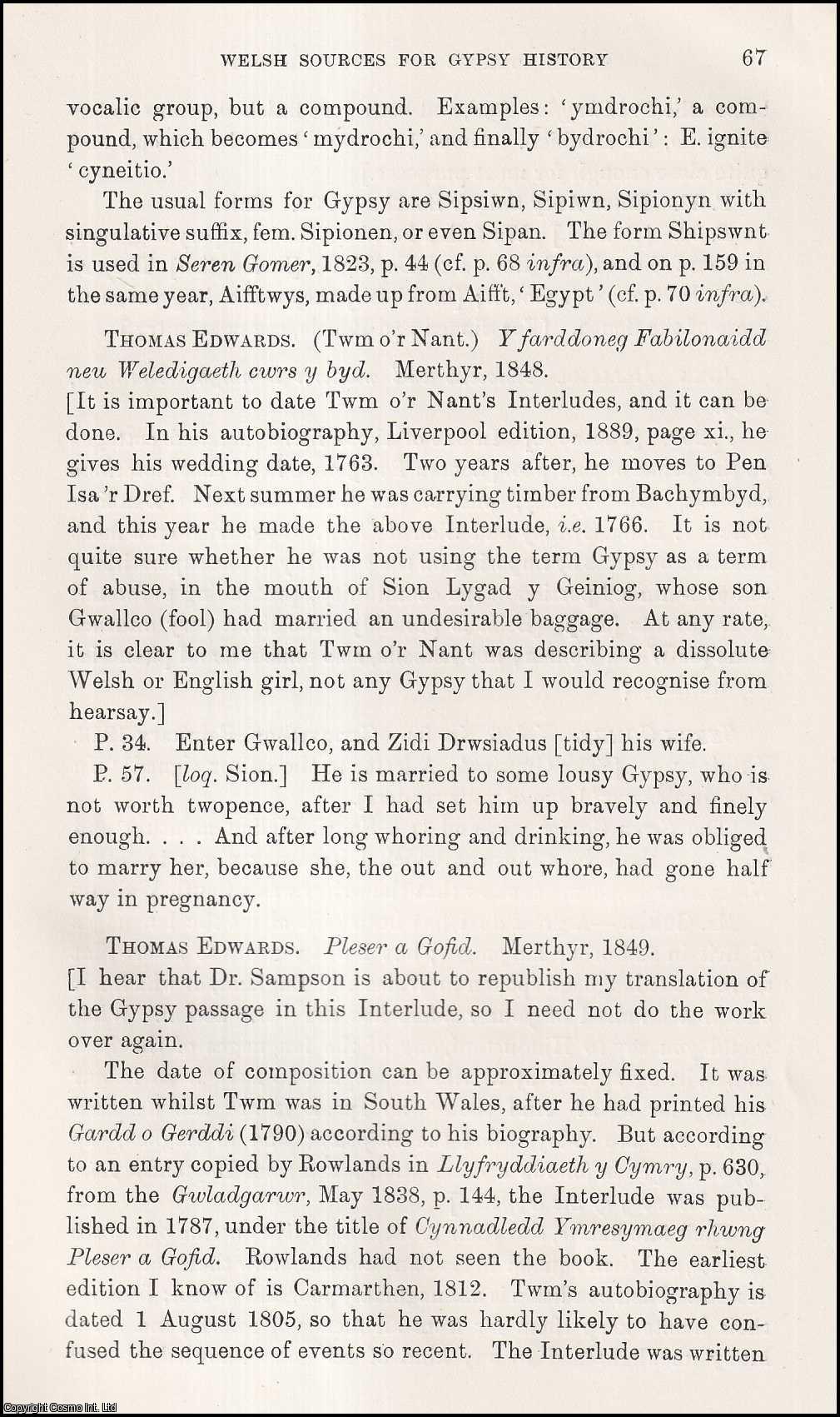 J. Glyn Davies - Welsh Sources for Gypsy History. An uncommon original article from the Journal of the Gypsy Lore Society, 1930.