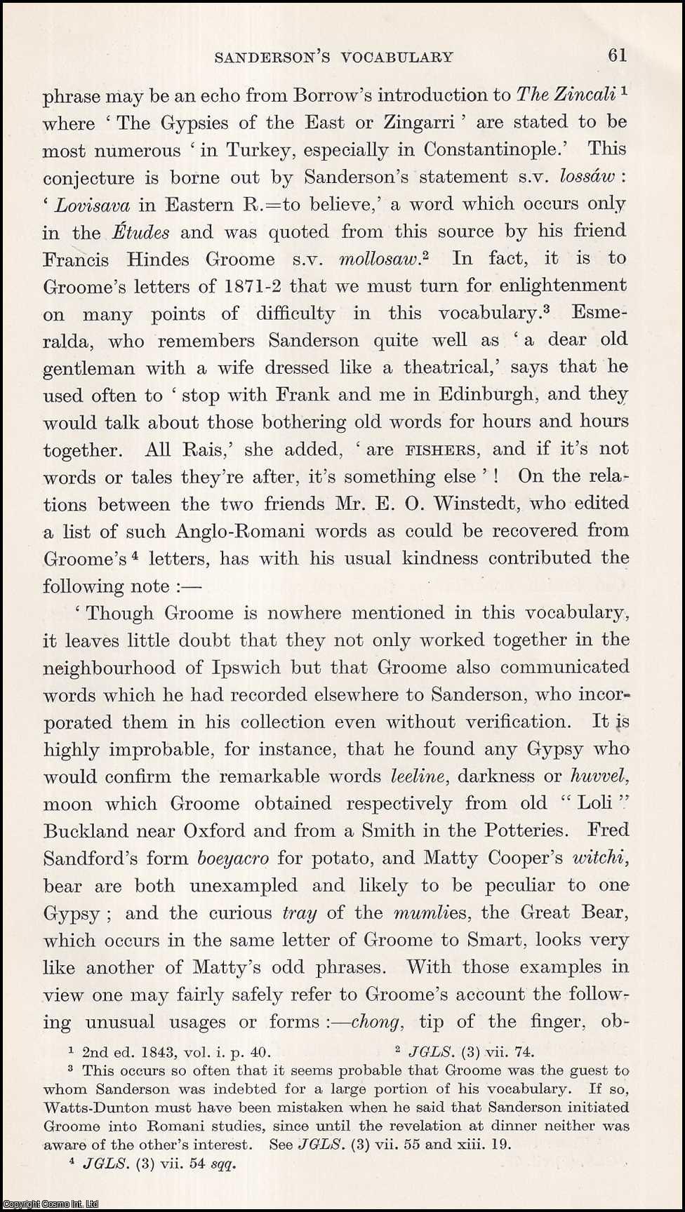 John Griffiths - Sanderson's (part 4) Vocabulary; Rommano-English Vocabulary. An uncommon original article from the Journal of the Gypsy Lore Society, 1934.