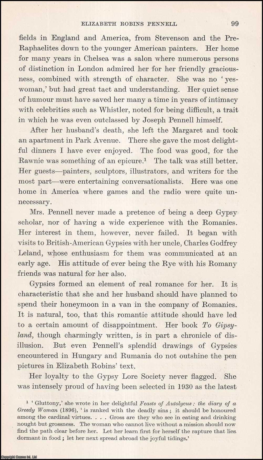 Irving Brown - Elizabeth Robins Pennell. An uncommon original article from the Journal of the Gypsy Lore Society, 1936.