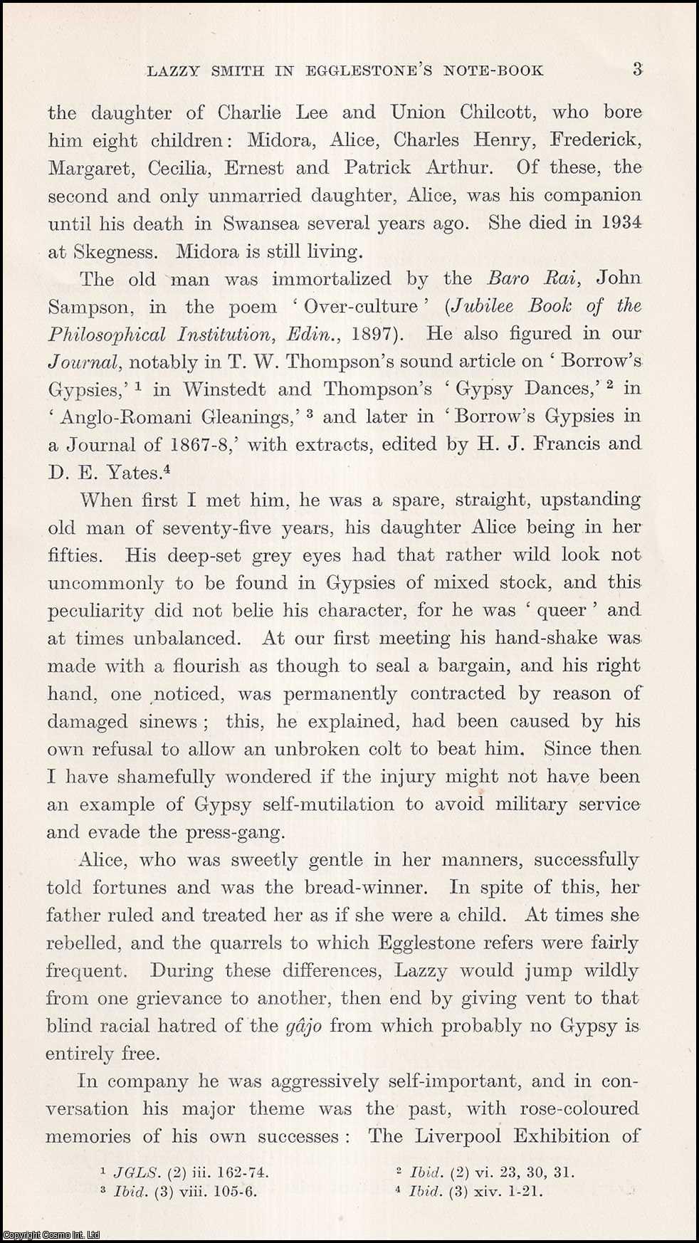 John Myers - Lazzy Smith (part 1) in Egglestone's Notebook. An uncommon original article from the Journal of the Gypsy Lore Society, 1937.