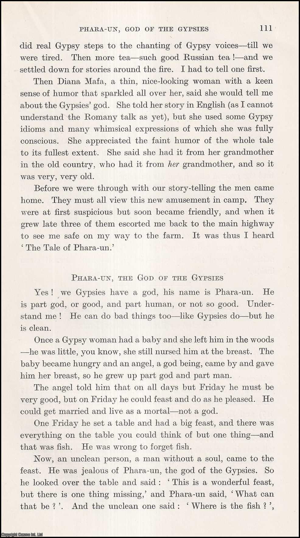 Frances R. Vandercook - Phara-Un, God of the Gypsies; a Tale Recorded from a Russian Gypsy. An uncommon original article from the Journal of the Gypsy Lore Society, 1939.