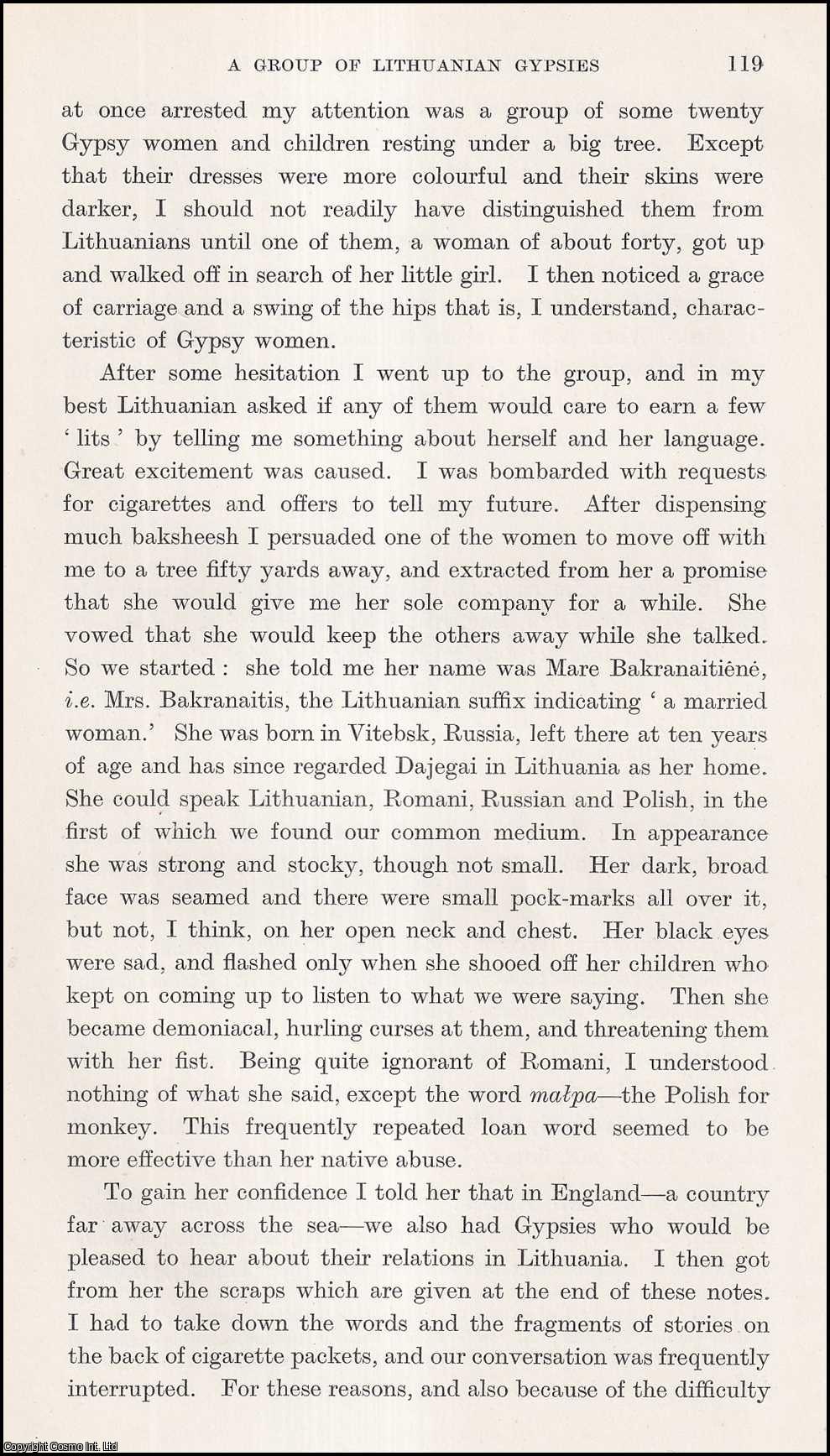 N.B. Jopson - A Group of Lithuanian Gypsies. An uncommon original article from the Journal of the Gypsy Lore Society, 1939.