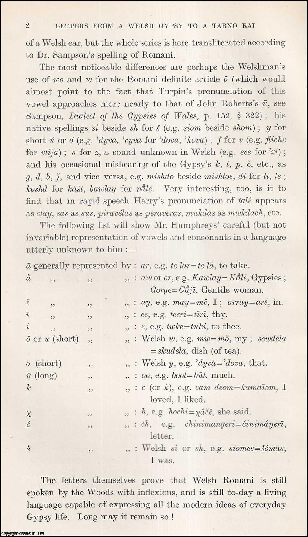 Ferdinand Gerard Huth - Letters (part 1) from a Welsh Gypsy to a Tarno Rai. An uncommon original article from the Journal of the Gypsy Lore Society, 1941.