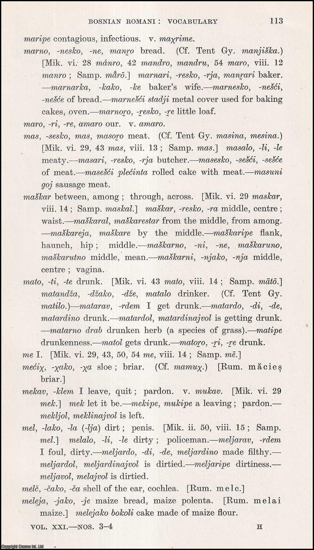 Rade Uhlik - Bosnian Romani: Vocabulary, M-R. An uncommon original article from the Journal of the Gypsy Lore Society, 1942.