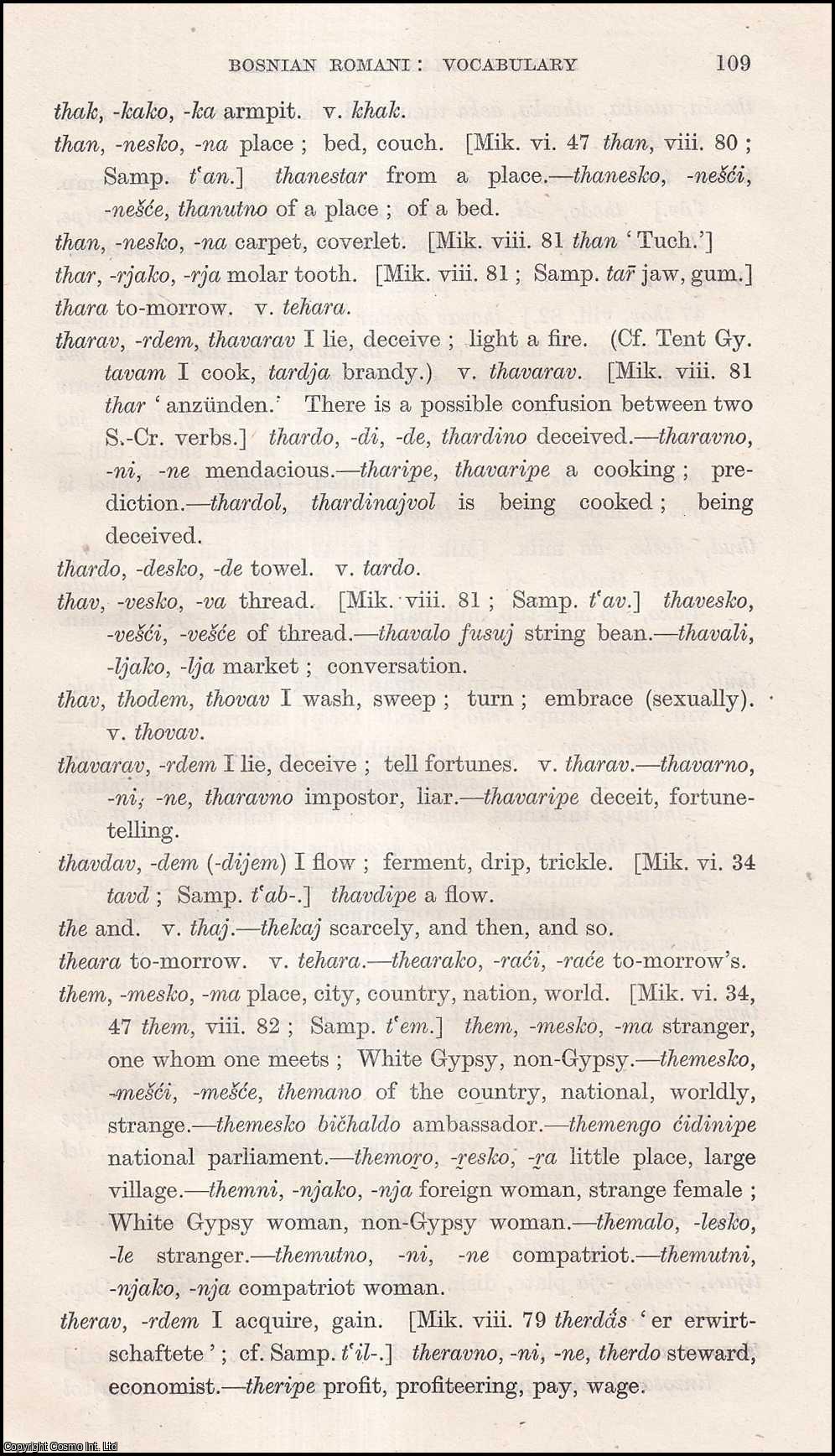 Rade Uhlik - Bosnian Romani: Vocabulary, T-Z. An uncommon original article from the Journal of the Gypsy Lore Society, 1943.