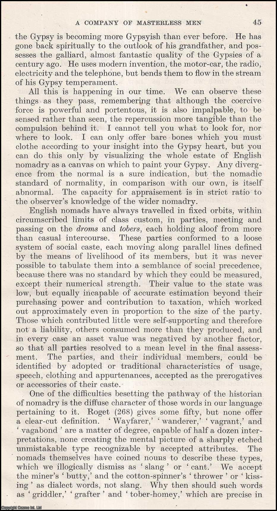 Edward Harvey - A Company of Masterless Men: Aspects of English Nomadism in 1943. An uncommon original article from the Journal of the Gypsy Lore Society, 1944.