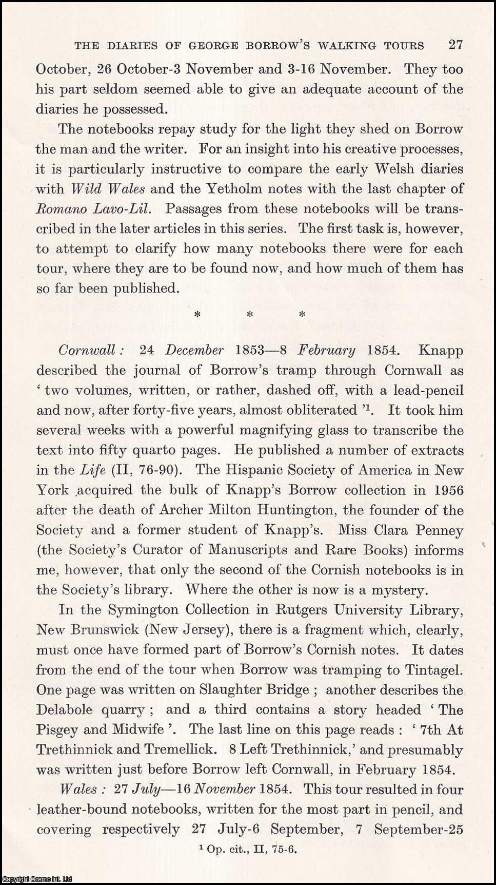 Angus M. Fraser - The Diaries of George Borrow's Walking Tours. An uncommon original article from the Journal of the Gypsy Lore Society, 1970.