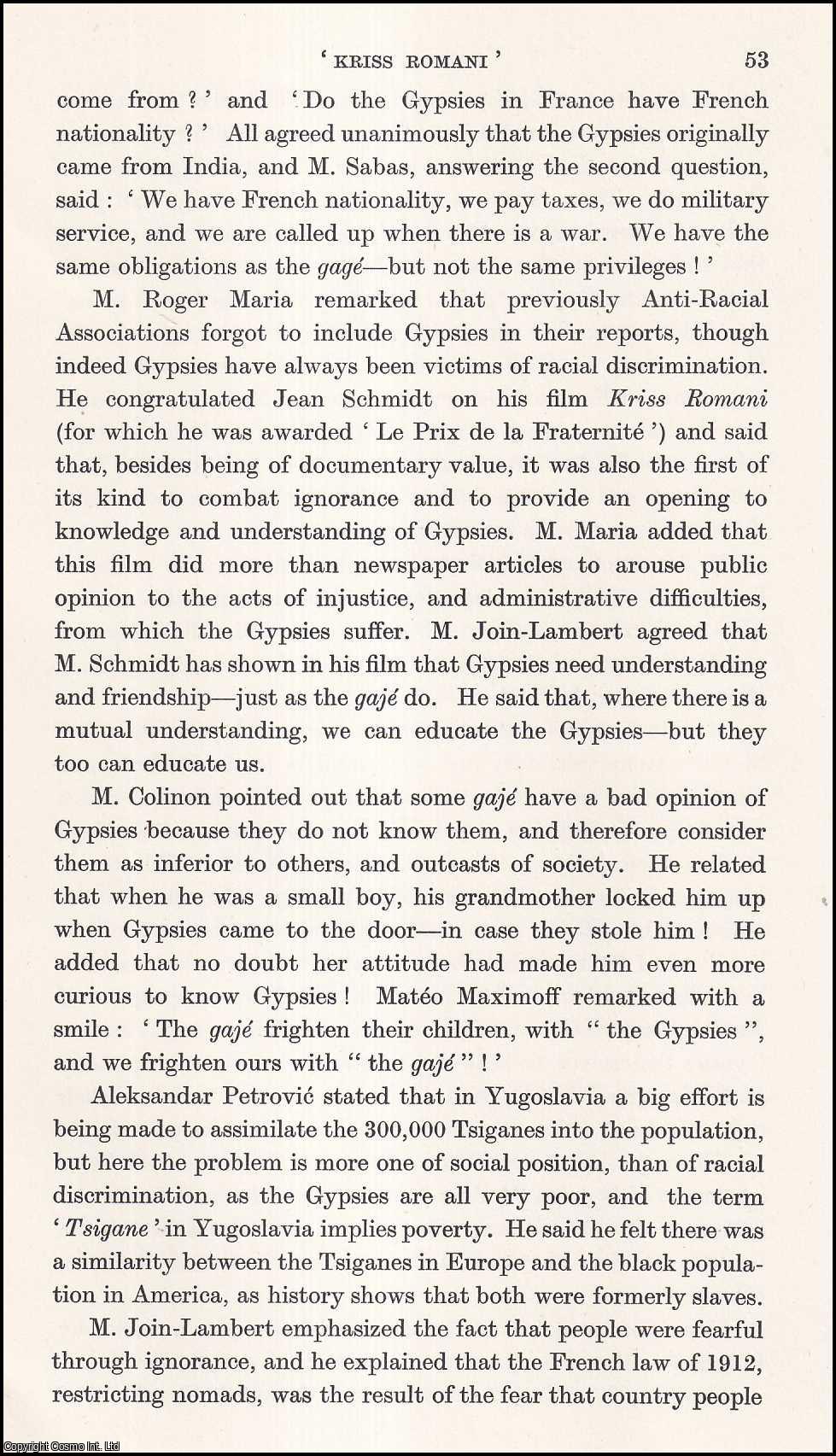 Daphne Maurice - Kriss Romani' and a Discussion on Gypsy Problems (shown on French Television in 1969). An uncommon original article from the Journal of the Gypsy Lore Society, 1970.